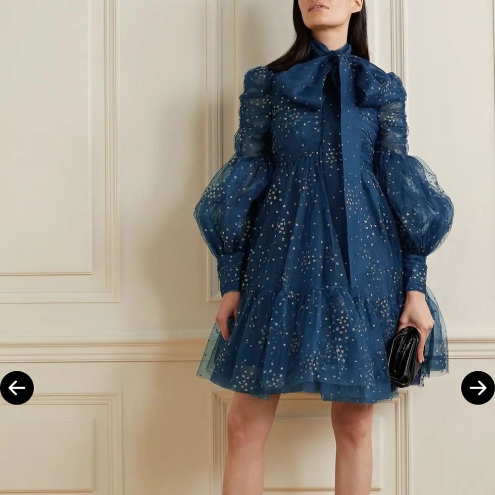ZIMMERMANN NWT Rhythm Tie-Neck Ruched Flocked Tulle Mini Dress navy glitter 2